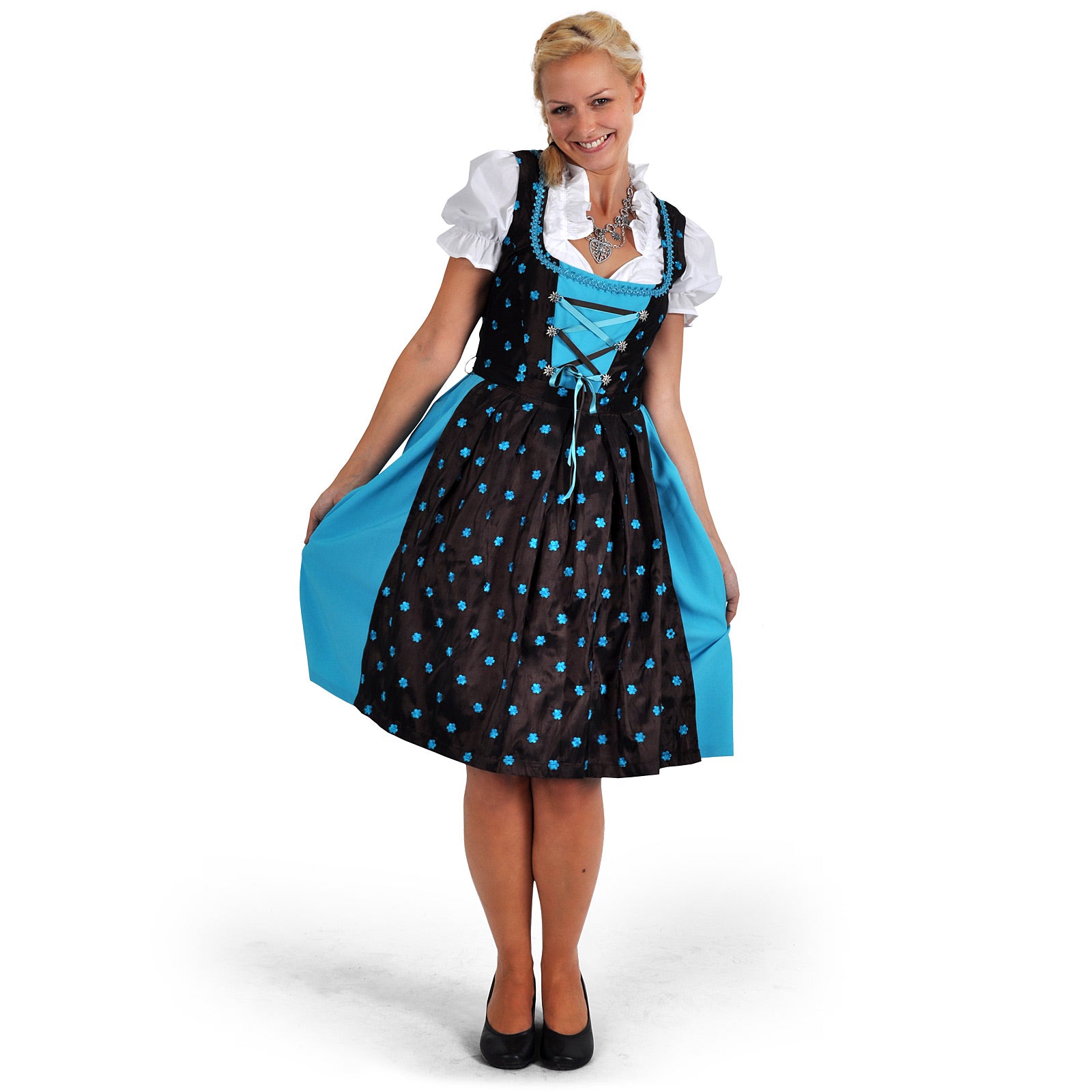 Produktbild Dirndl Edelweiß - Traditionell klänning brun/turkos med blusinlägg