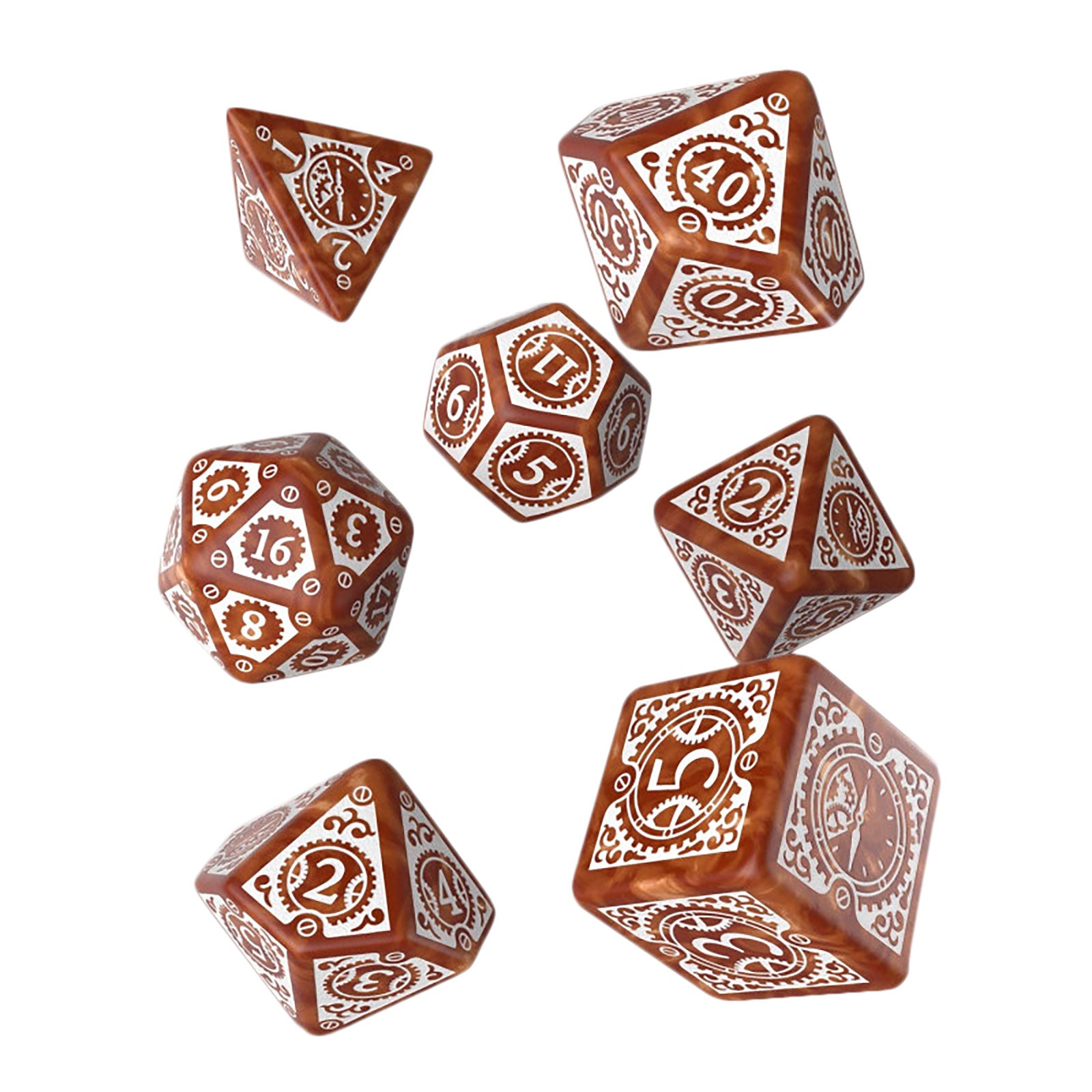 Produktbild Steampunk Clockwork RPG tärningsset 7-delad brun-vit