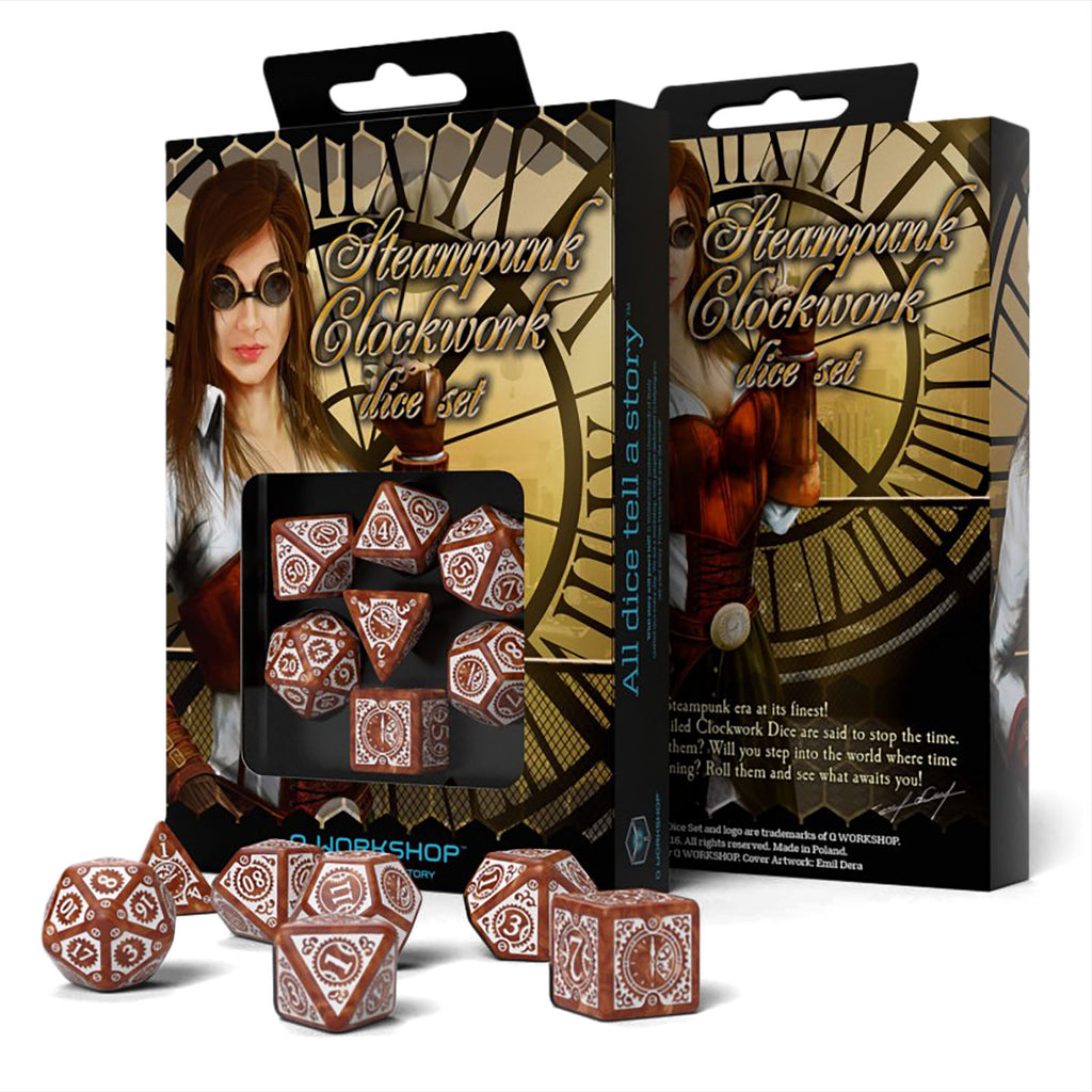 Produktbild Steampunk Clockwork RPG tärningsset 7-delad brun-vit
