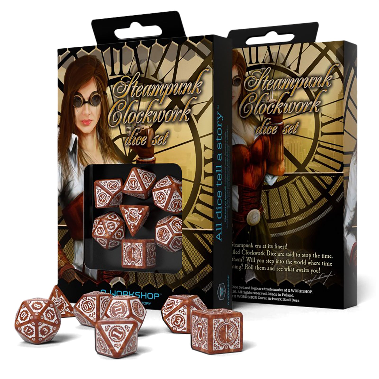 Produktbild Steampunk Clockwork RPG tärningsset 7-delad brun-vit
