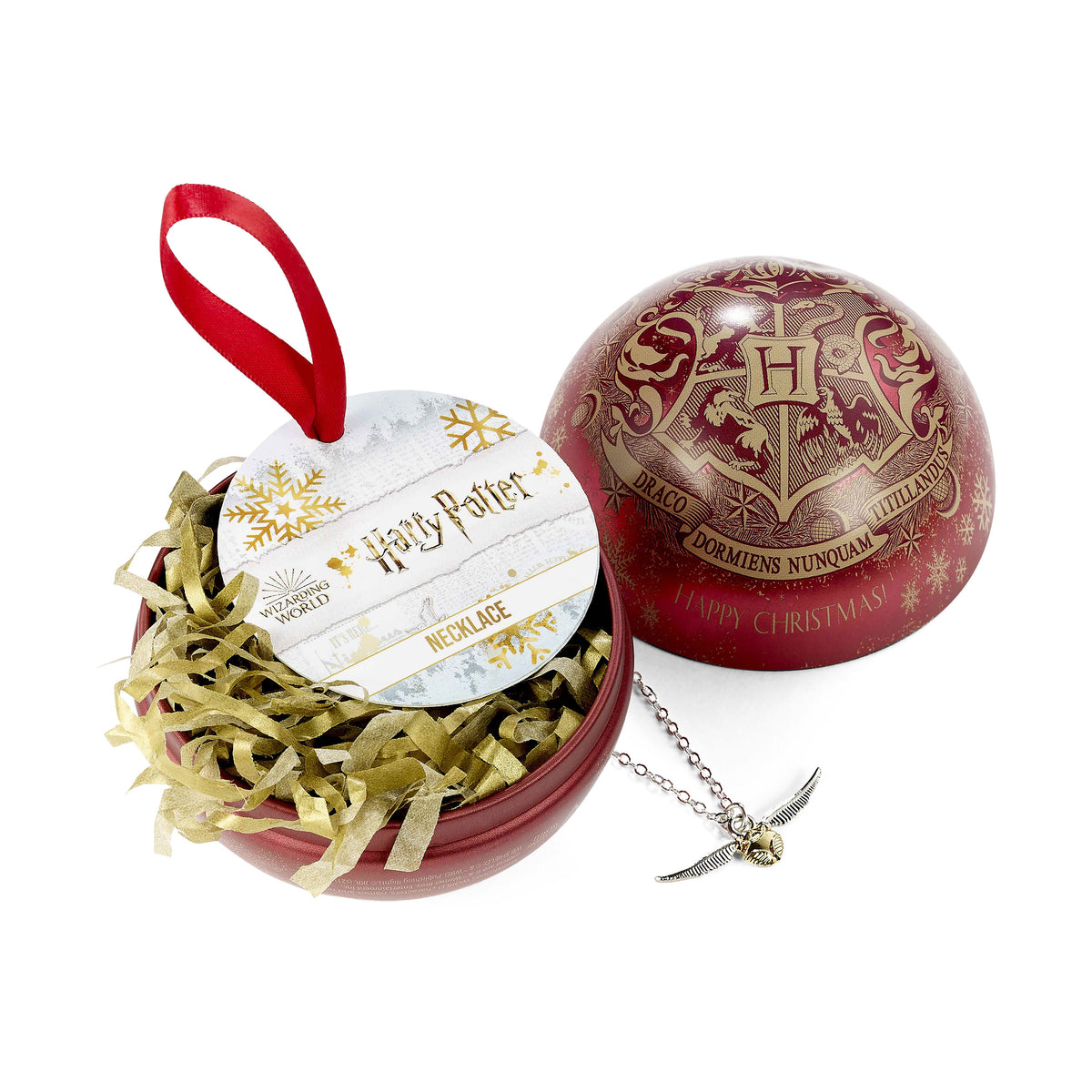 Produktbild Harry Potter - Hogwarts vapensköld julgranskula med gyllene kvicken-halsband