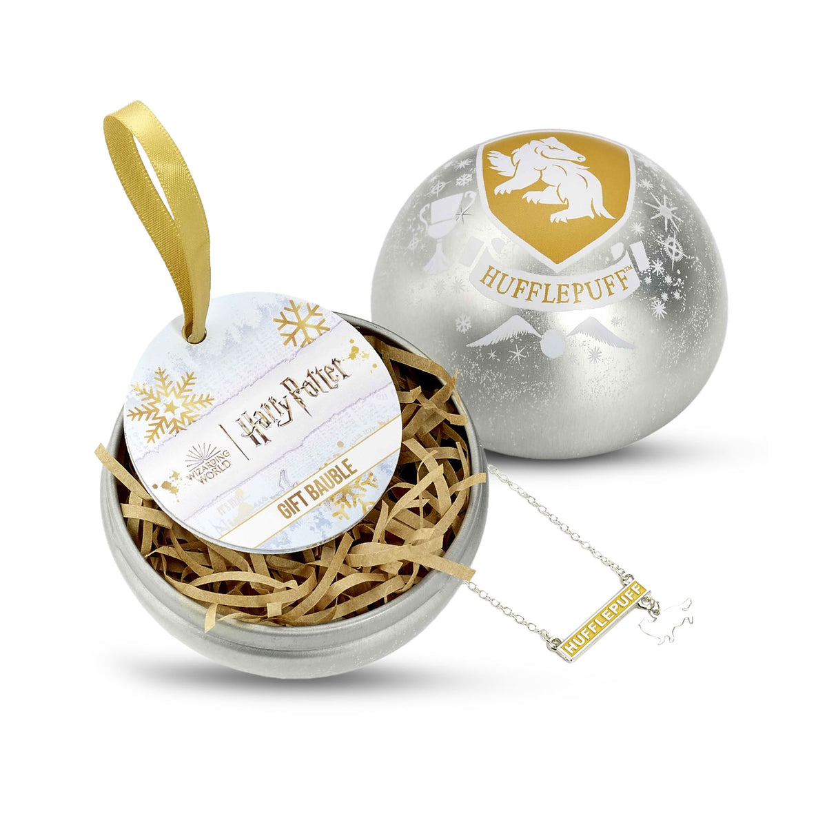Produktbild Harry Potter - Julkula med Hufflepuff-vapen och halsband