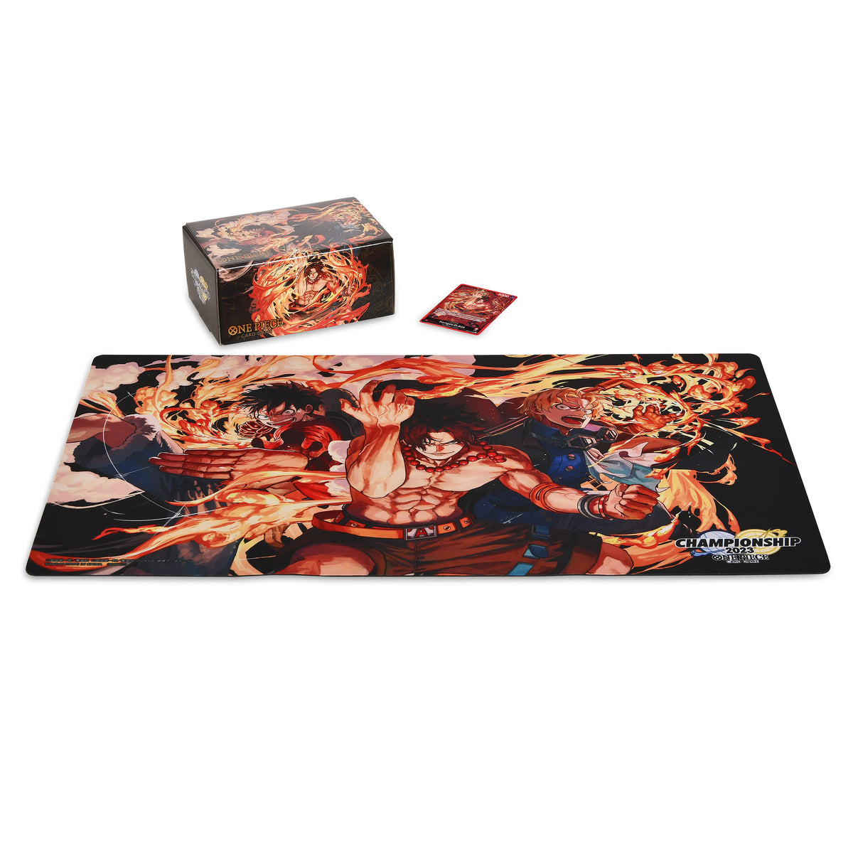 Produktbild One Piece Card Game - Spelmatta och kortförvaringslåda med Ace, Sabo och Luffy