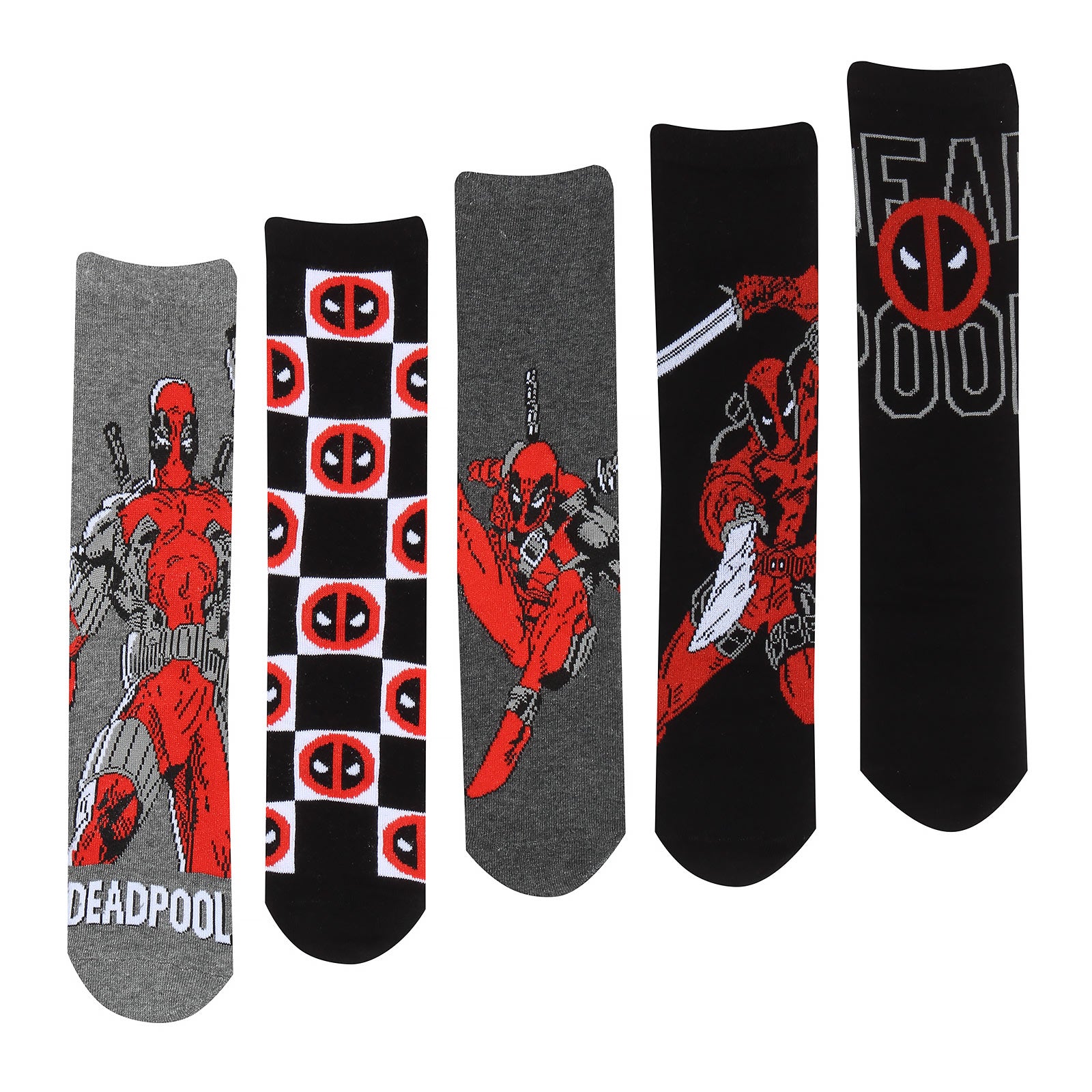 Produktbild Deadpool - 5-pack strumpor med logotyp och pose i presentförpackning