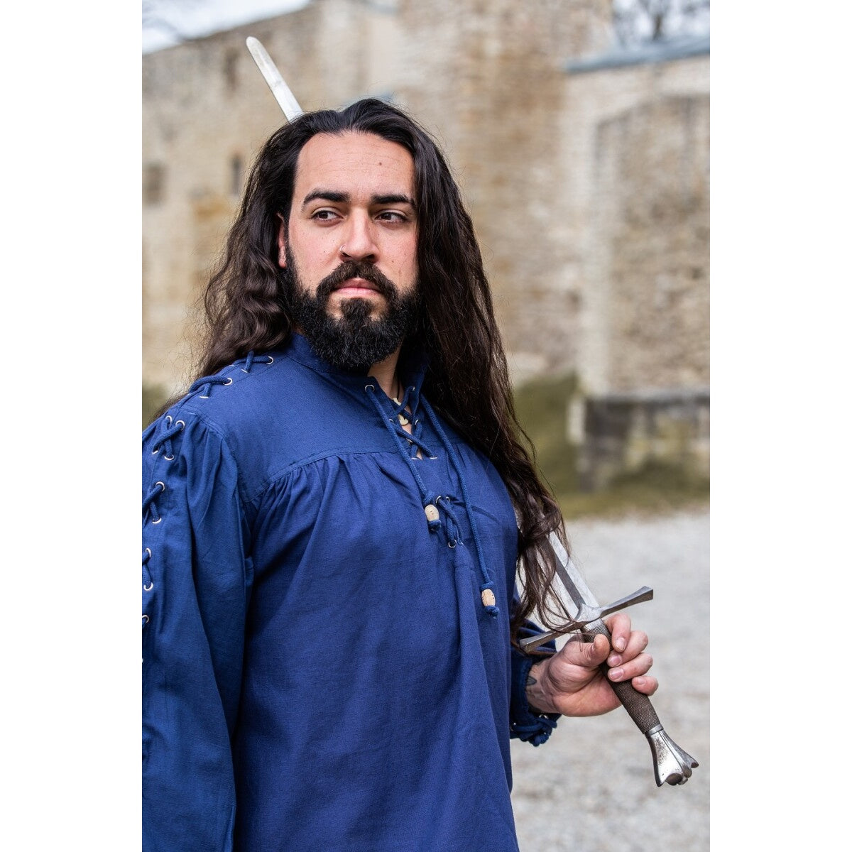 Produktbild Medeltida snörskjorta med öljetter Adrian blå