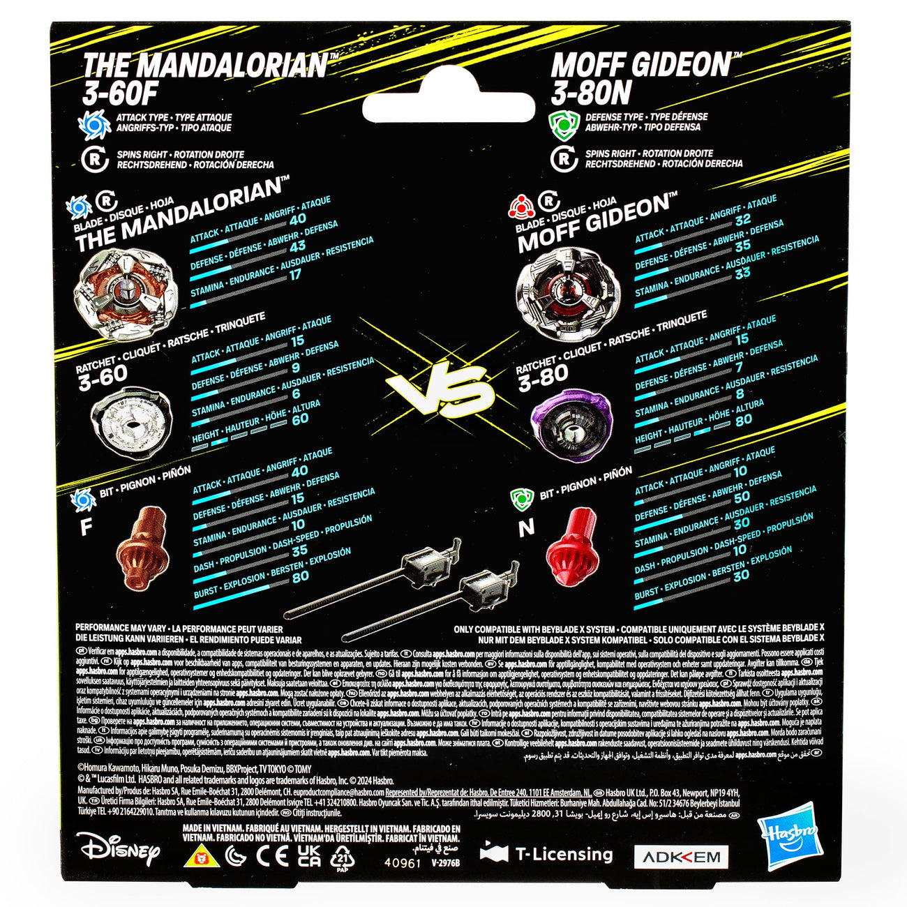 Produktbild Beyblade X och Star Wars-collab The Mandalorian 3-60F vs. Moff Gideon 3-80N