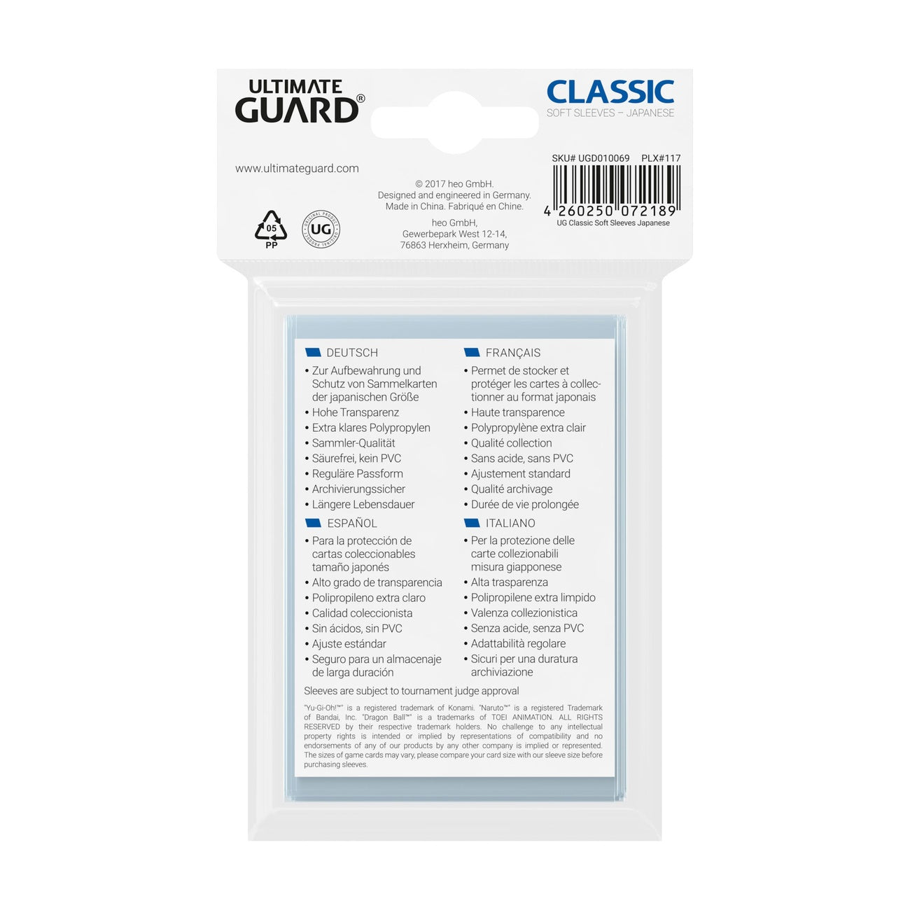 Produktbild Ultimate Guard Classic Sleeves japansk storlek (100)