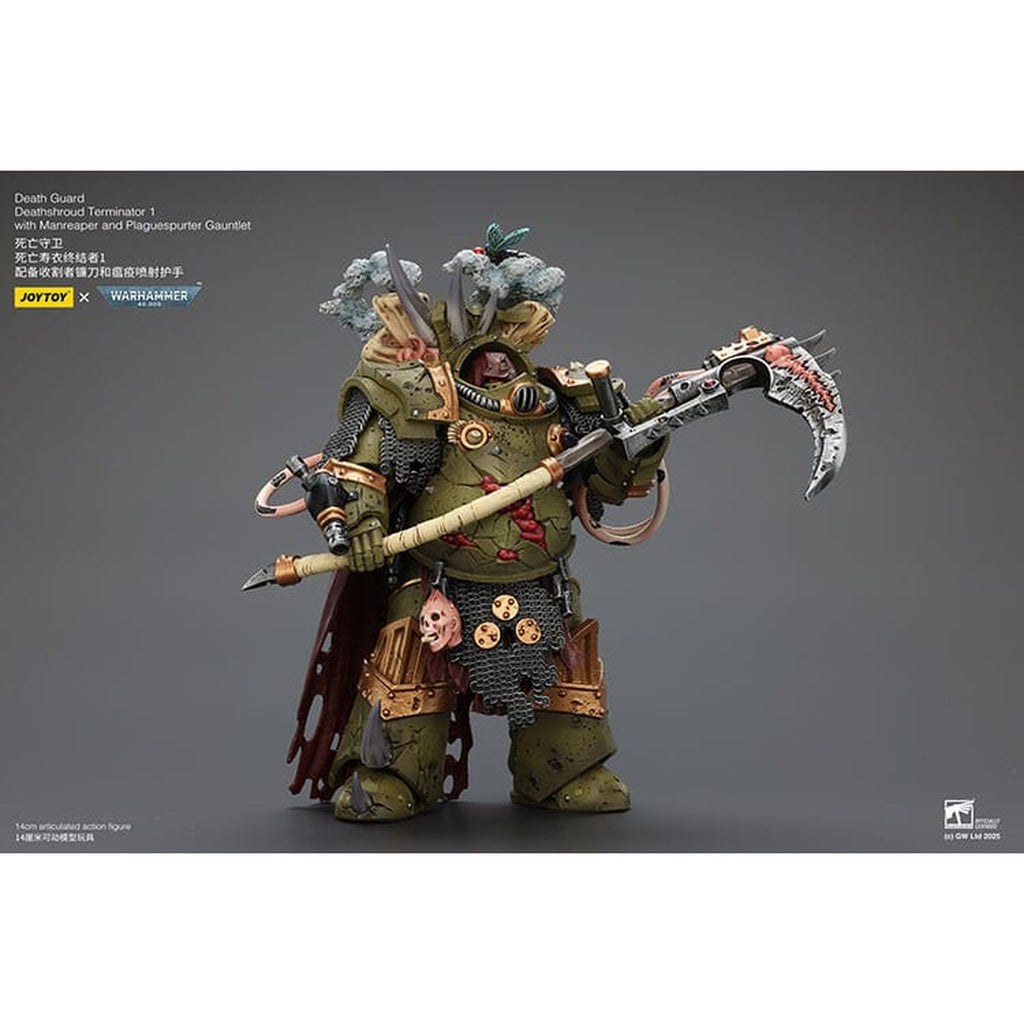 Produktbild Warhammer 40k Actionfigur 1/18 Death Guard Deathshroud Terminator 1 med Manreaper och Plaguespurter Gauntlet 14 cm