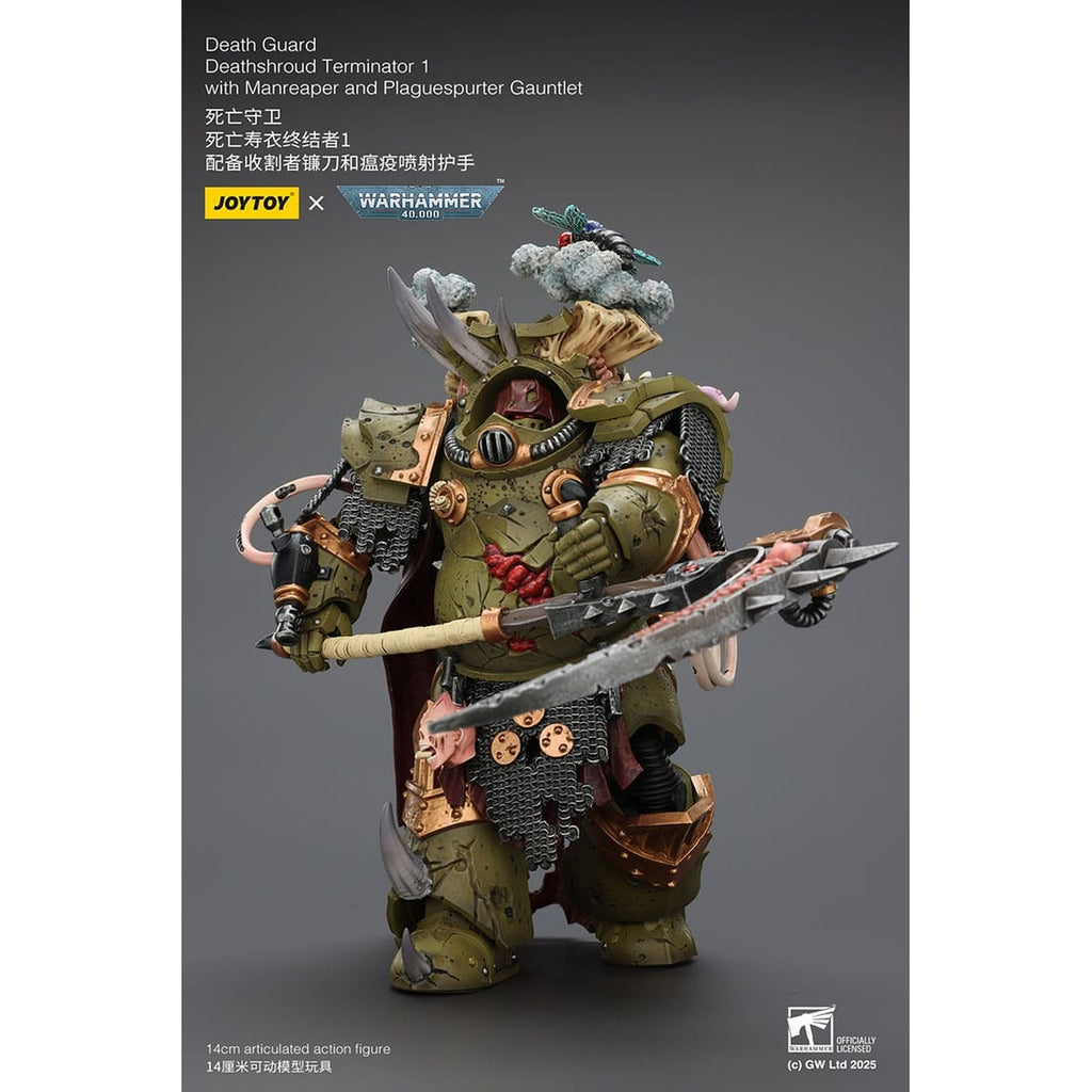 Produktbild Warhammer 40k Actionfigur 1/18 Death Guard Deathshroud Terminator 1 med Manreaper och Plaguespurter Gauntlet 14 cm