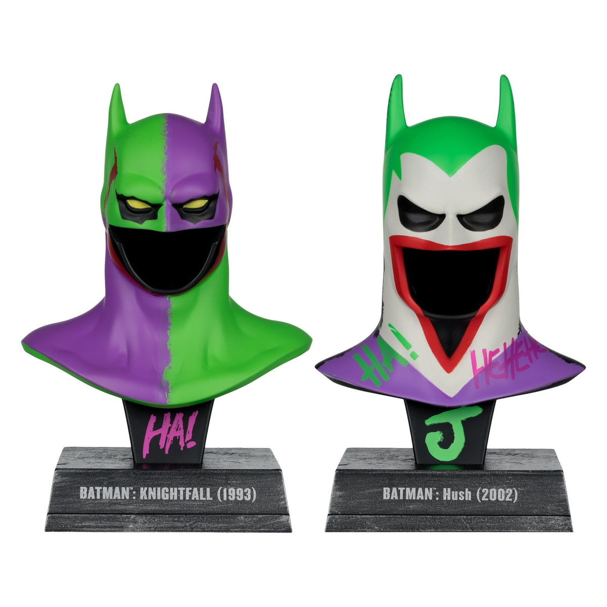 Produktbild Batman DC Direct Mini-replika 1/3 2-pack Batmanmasker Hush & Knightfall (Jokerized) (Gold Label) 18 cm
