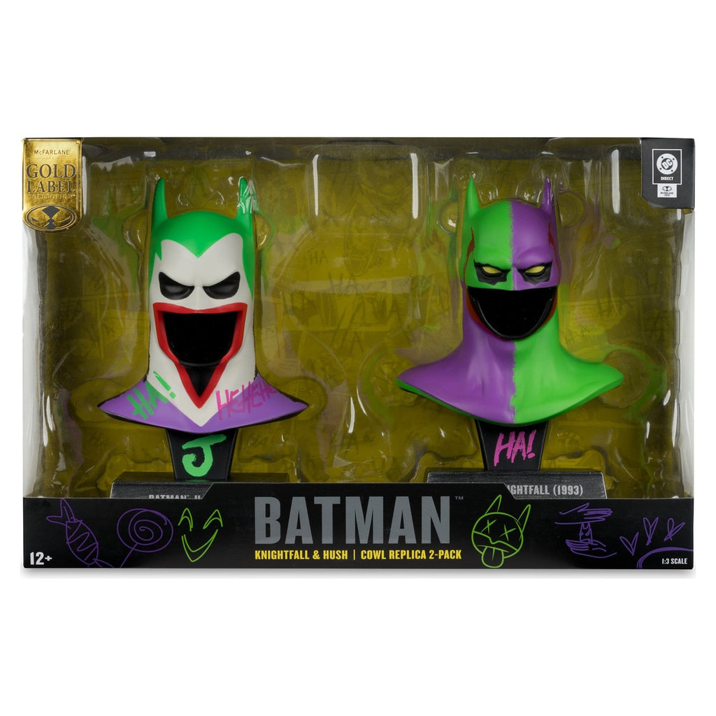 Produktbild Batman DC Direct Mini-replika 1/3 2-pack Batmanmasker Hush & Knightfall (Jokerized) (Gold Label) 18 cm
