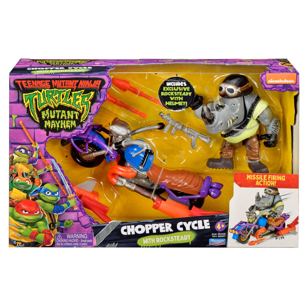 Produktbild Teenage Mutant Ninja Turtles actionfigur med fordon Rocksteady & Chopper 12 cm